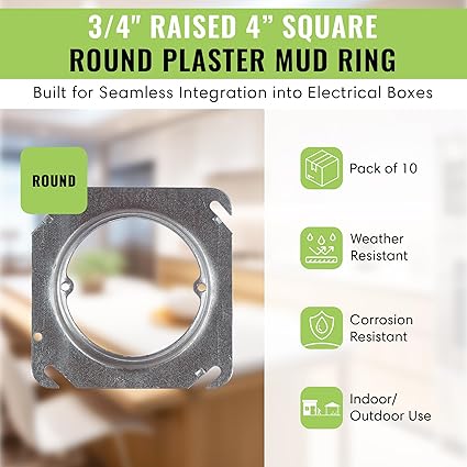 SELECT 10 Pack 3/4-Inch Raised 4-Inch Square (4S) Round Plaster Ring with Angled Slots, Mud Ring for Wiring Connections, Housing Receptacles & Switches