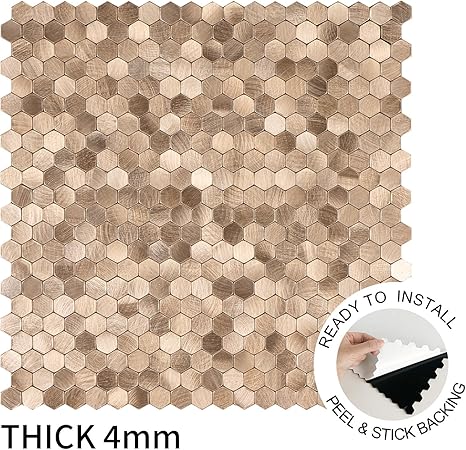 Select 5 Pack Hexagon Peel and Stick Backsplash Tiles, Self Adhesive Metal Backsplash Stick On Aluminum Tiles for Kitchen Bathroom, 12” x 12” Wall Tiles w/10 Edge Pieces, Brushed Gold