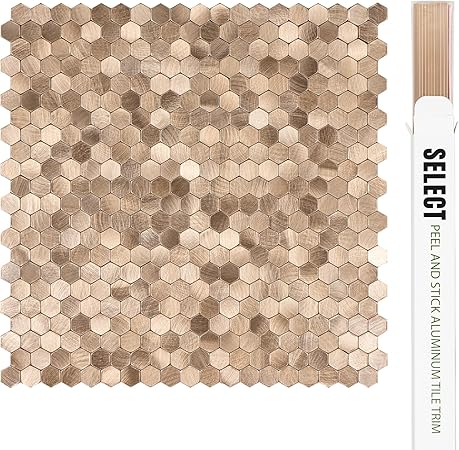 Select 5 Pack Hexagon Peel and Stick Backsplash Tiles, Self Adhesive Metal Backsplash Stick On Aluminum Tiles for Kitchen Bathroom, 12” x 12” Wall Tiles w/10 Edge Pieces, Brushed Gold