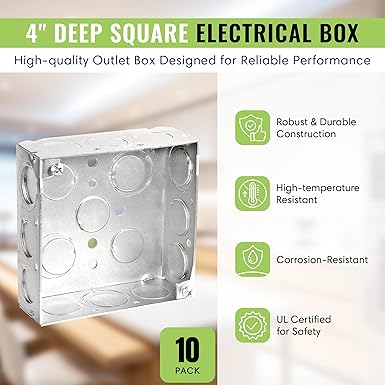 Select 10 Pack 4-Inch Deep Square Electrical Box, Welded with 1/2 & 3/4-Inch KO, 2-1/8-Inch Deep Junction Box Metal, Galvanized Steel, UL, Receptacle Outlet Box