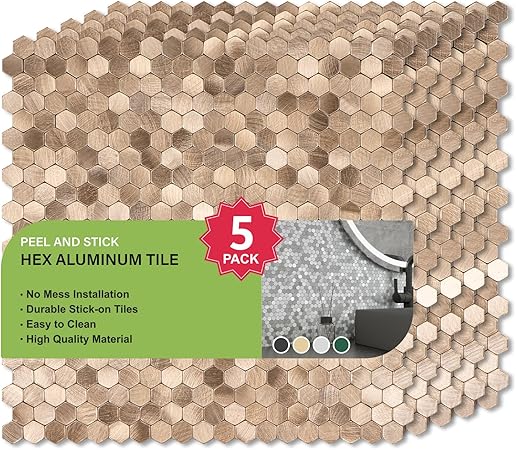 Select 5 Pack Hexagon Peel and Stick Backsplash Tiles, Self Adhesive Metal Backsplash Stick On Aluminum Tiles for Kitchen Bathroom, 12” x 12” Wall Tiles w/10 Edge Pieces, Brushed Gold