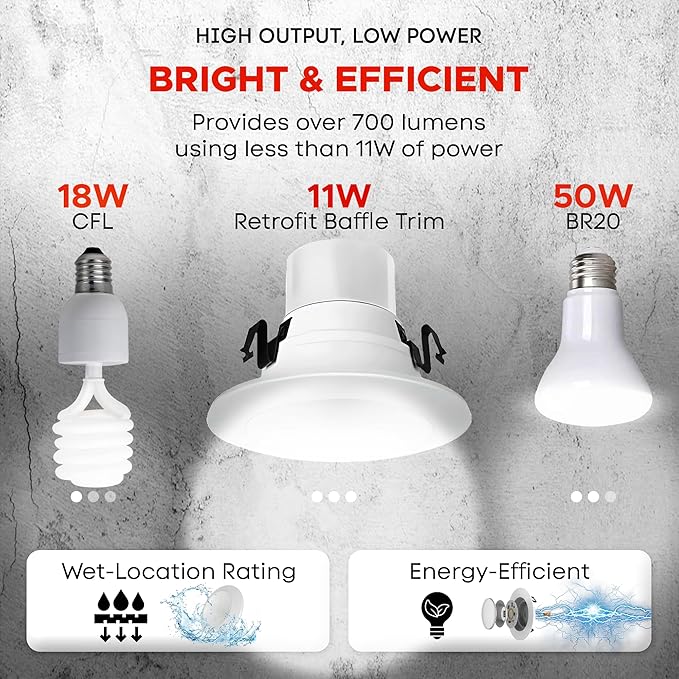 Elite 12 Pack REL437-CCT Series LED Retrofit Baffle Trim, Color SeleCCTor 2700K/3000K/3500K/4000K/5000K (White, 4")