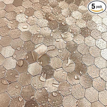 Select 5 Pack Hexagon Peel and Stick Backsplash Tiles, Self Adhesive Metal Backsplash Stick On Aluminum Tiles for Kitchen Bathroom, 12” x 12” Wall Tiles w/10 Edge Pieces, Brushed Gold