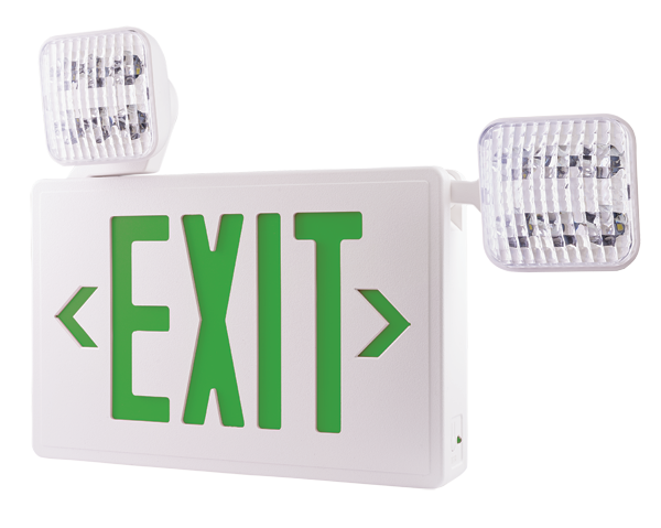 Elco Lighting EE94 LED Exit Sign & Emergency Light Combo, 120/277V, Two 2W Heads, Green Letters, EE94HG