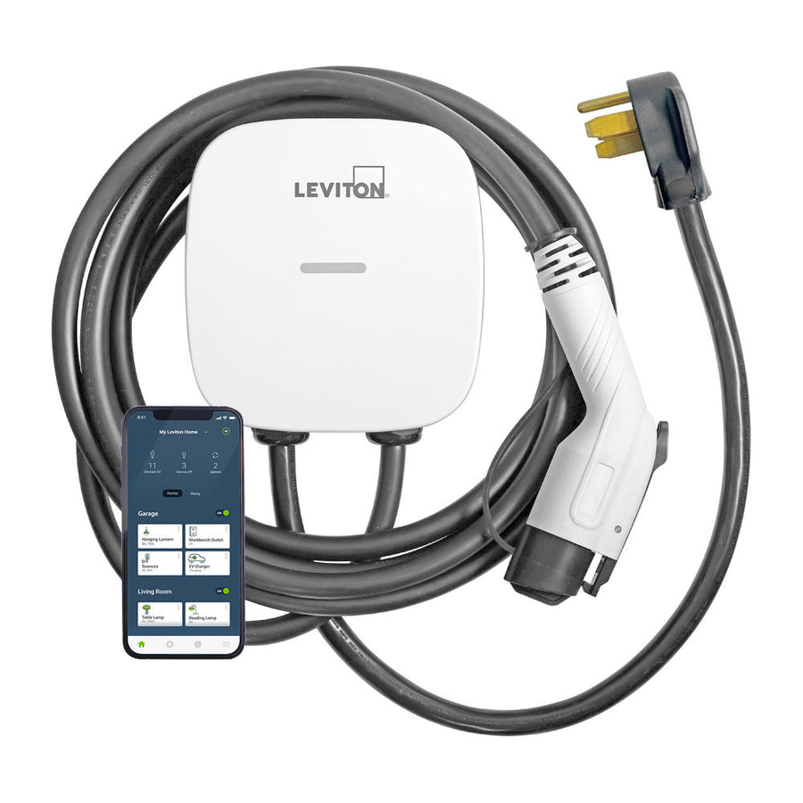 Leviton Level 2 Electric Vehicle Charging Station With Wi-Fi, Works with My Leviton App, Plug-In, 40A Max Output - 25ft Cable - 208-240V, EV40P