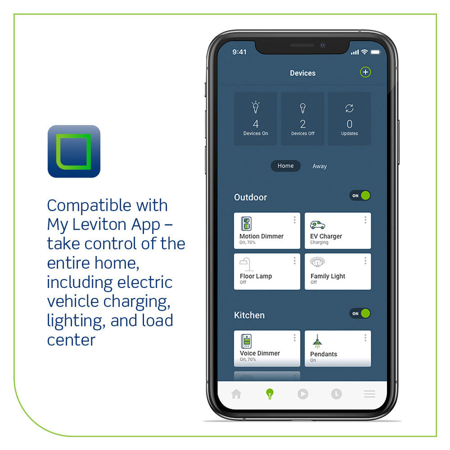 Leviton Level 2 Electric Vehicle Charging Station With Wi-Fi, Works with My Leviton App, 48A Max Output - 18ft Cable - 208-240V, EV48W