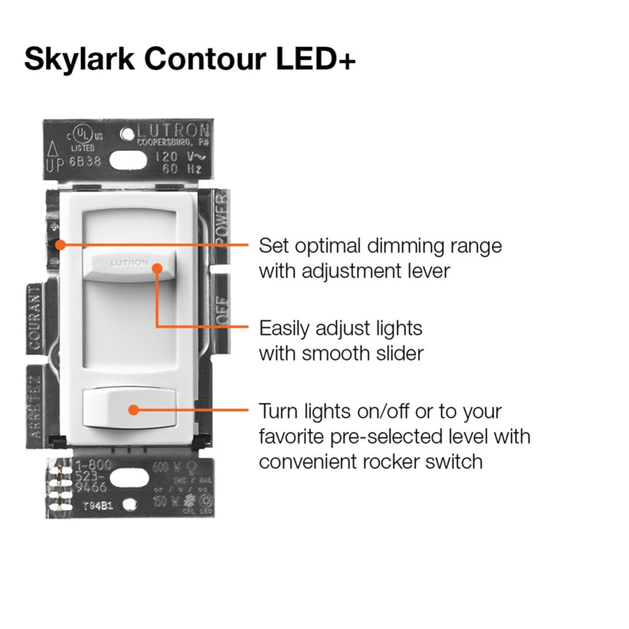 Lutron Skylark Contour LED+ Dimmer Switch, No Neutral Required, 150W LED or 600W Inc/Hal, 120V, Single Pole/3-Way, CTCL-153P-IV, Ivory
