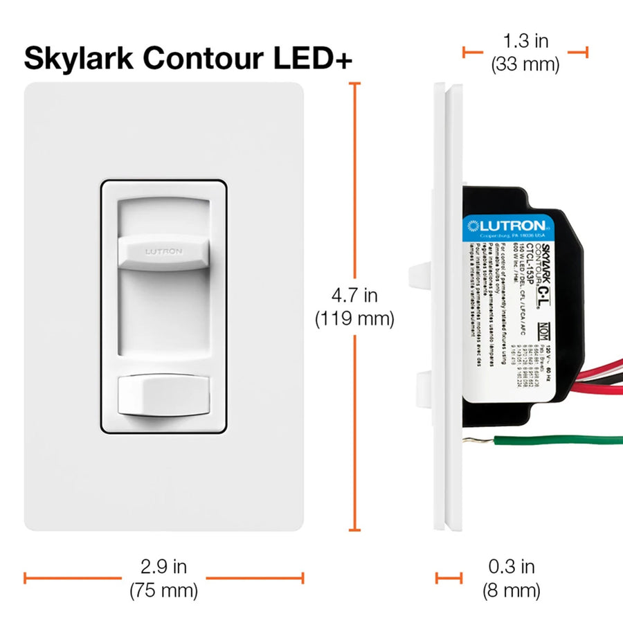 Lutron Skylark Contour LED+ Dimmer Switch, No Neutral Required, 150W LED or 600W Inc/Hal, 120V, Single Pole/3-Way, CTCL-153P-IV, Ivory