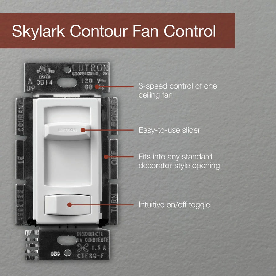 Lutron Skylark Contour Quiet 3-Speed Fan Control, No Neutral Required, 1.5A 3-Speed Ceiling Fan, 120V, Single Pole/3-Way, CTFSQ-F-AL, Almond