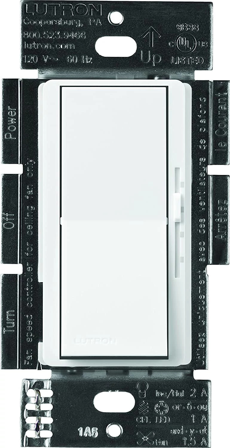 Lutron Diva 3-Speed Fan Control and On/Off Light Switch, 1.5A Fan, 1A LED, Single Pole/3-Way, No Neutral Required, 120V, DVFSQ-LF-WH, White