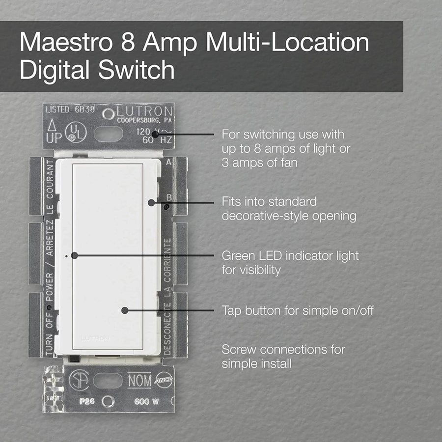 Lutron Maestro 8A Switch, Multi-Location, 120V, White, MA-S8AM-WH