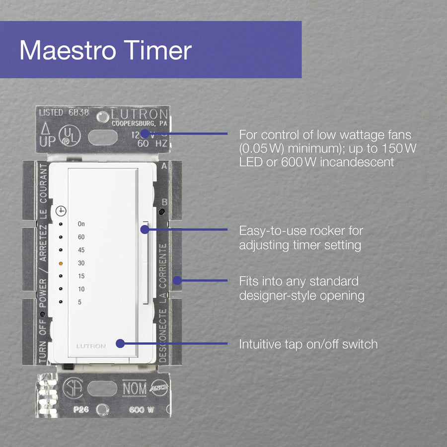 Lutron Maestro Countdown Timer, 5A, Multi-location, Neutral Required, White, MA-T51MN-WH