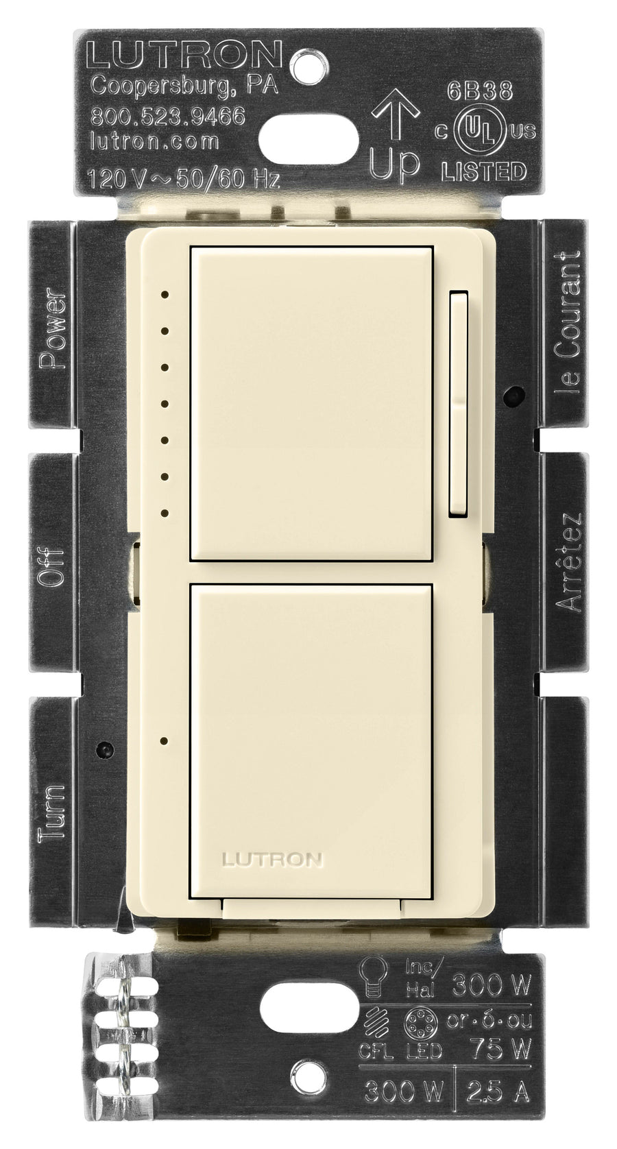 Lutron Maestro LED+ Dual Dimmer/Switch, 75W LED, Single-pole, Alabaster, MACL-L3S25-AL