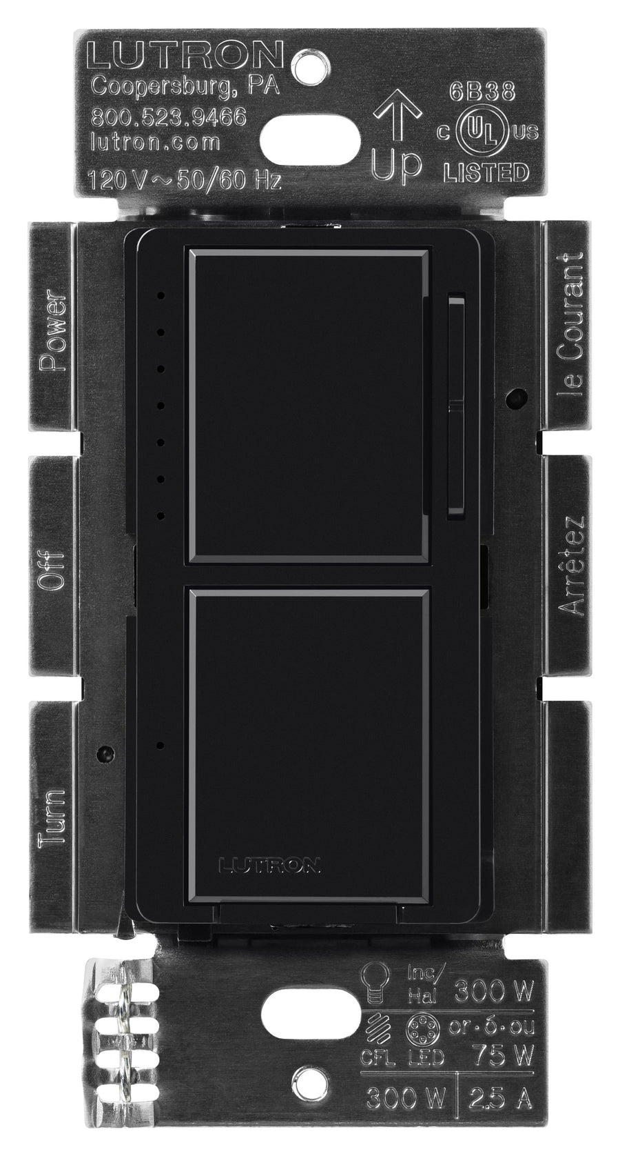 Lutron Maestro LED+ Dual Dimmer/Switch, 75W LED, Single-pole, Black, MACL-L3S25-BL