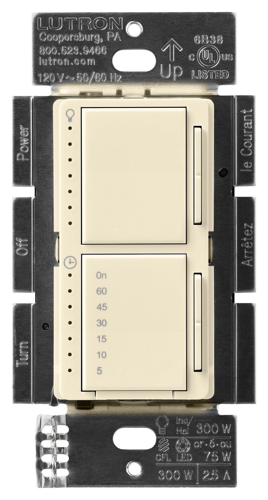Lutron Maestro LED+ Dual Dimmer Timer, 75W, Almond, MACL-L3T251-AL