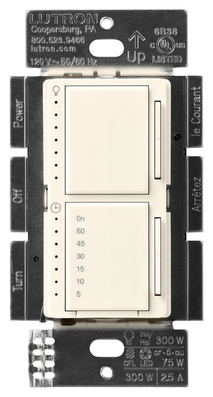 Lutron Maestro LED+ Dual Dimmer Timer, 75W, Biscuit, MACL-L3T251-BI