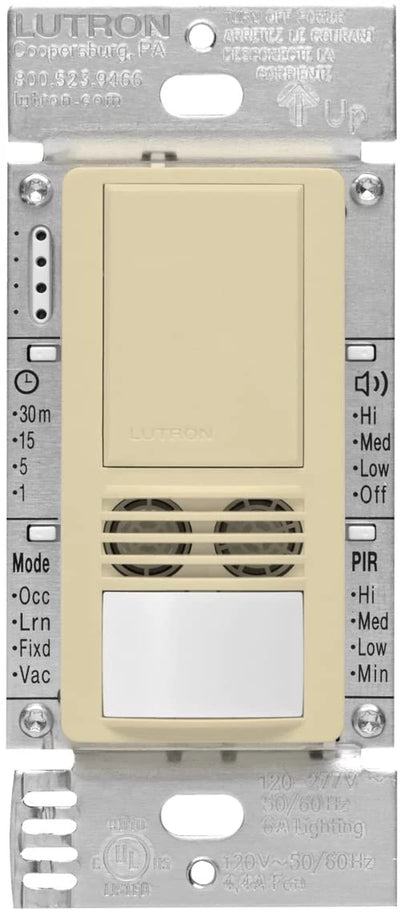 Lutron Maestro Dual-Tech Motion Sensor Switch, Vacancy Only, 6A, 120-277V, Single Pole/3-Way, Neutral Required, MS-B102-V-IV, Ivory