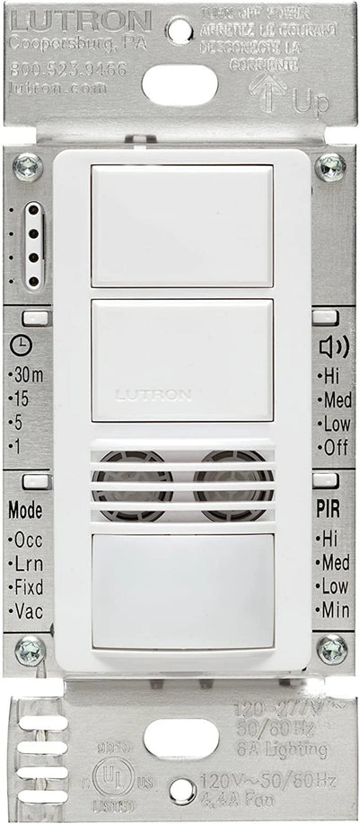 Lutron Maestro Dual Circuit Dual-Tech Motion Sensor Switch, 6A, 120-277V, Single Pole and 3-Way, Neutral Required, MS-B202-WH, White