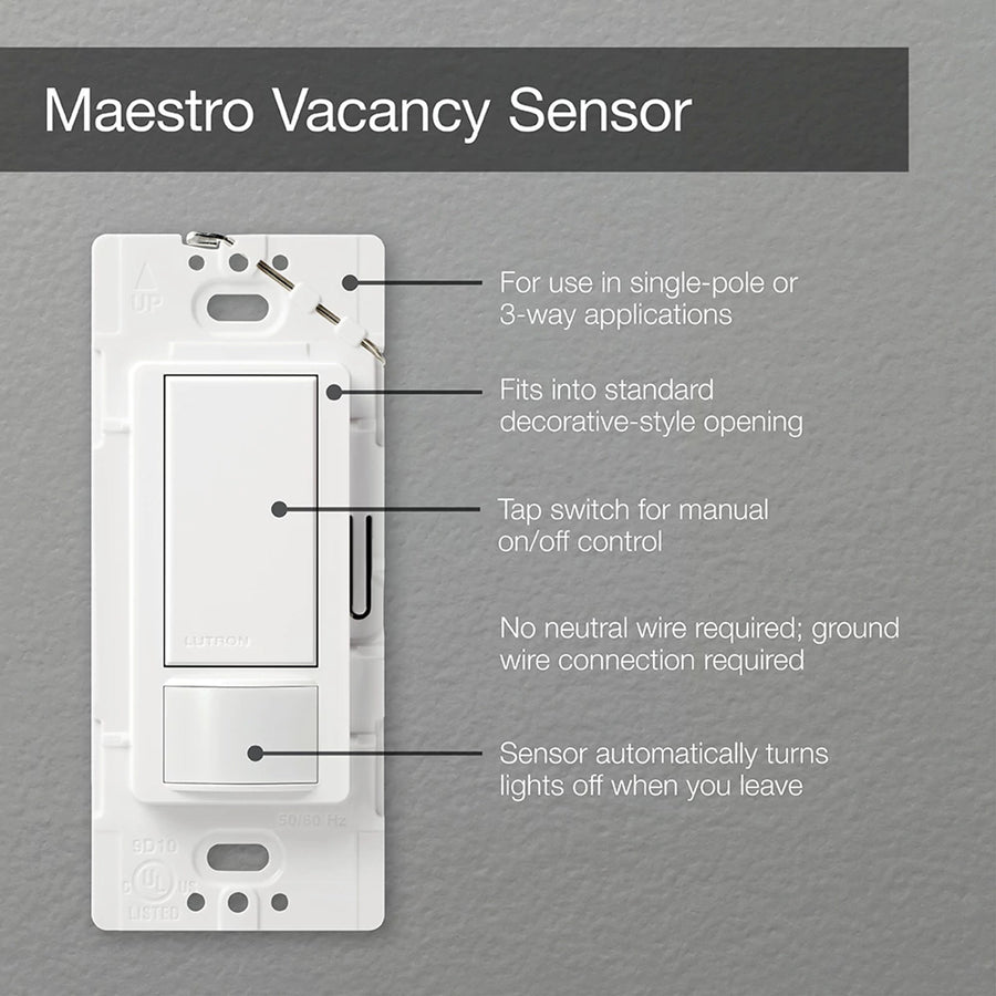 Lutron Maestro Motion Sensor Switch, Vacancy Only, Ground or Neutral Required, 5A Light, 3A Fan, 120V, Single/Multi-Location, MS-VPS5MH-IV, Ivory