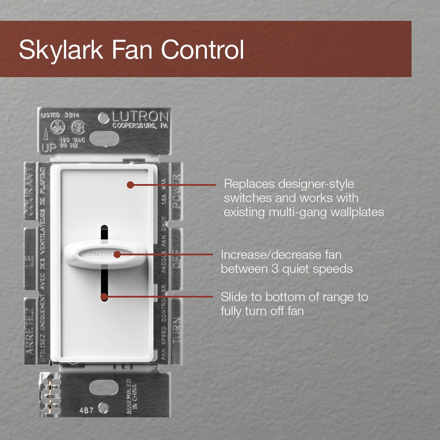Lutron Skylark Quiet 3-Speed Fan Control, 1.5A, 120V, Single Pole/3-Way, Gray, SFSQ-F-GR