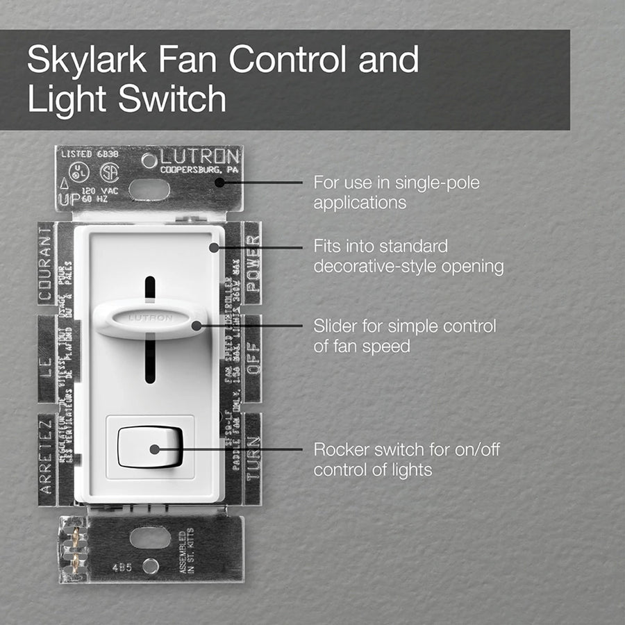 Lutron Skylark Quiet Dual Light/Fan Control, 360W Light, 1.5A Fan, 120V, White, SFSQ-LF-WH