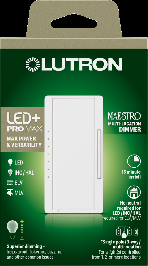 Lutron MA-PROR-WH Maestro LED+ Pro Max dimmer, white, retail package