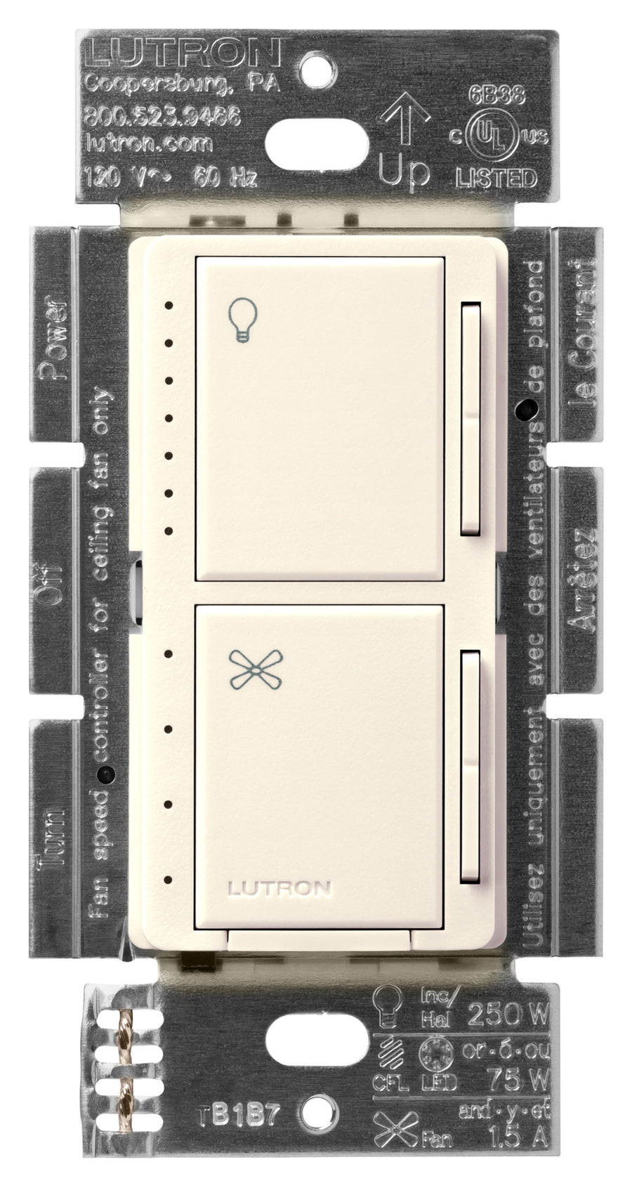 Lutron Maestro Dual LED+ Dimmer and 4-Speed Fan Control, No Neutral Required, 1.5A Fan, 75W LED Light, 120V, Single Pole, MACL-LFQ-BI, Biscuit