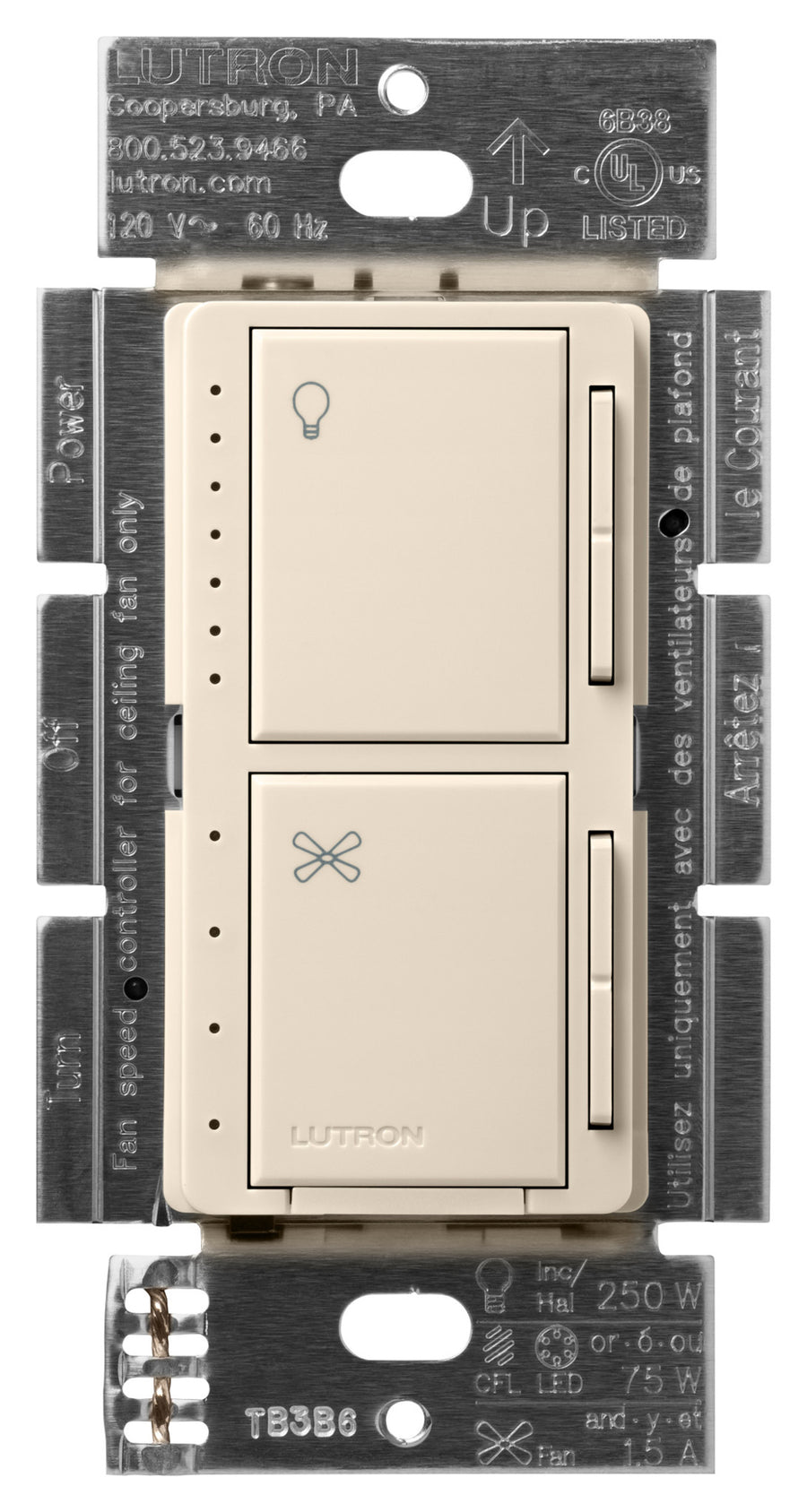 Lutron Maestro Dual LED+ Dimmer and 4-Speed Fan Control, No Neutral Required, 1.5A Fan, 75W LED Light, 120V, Single Pole, MACL-LFQ-LA, Light Almond