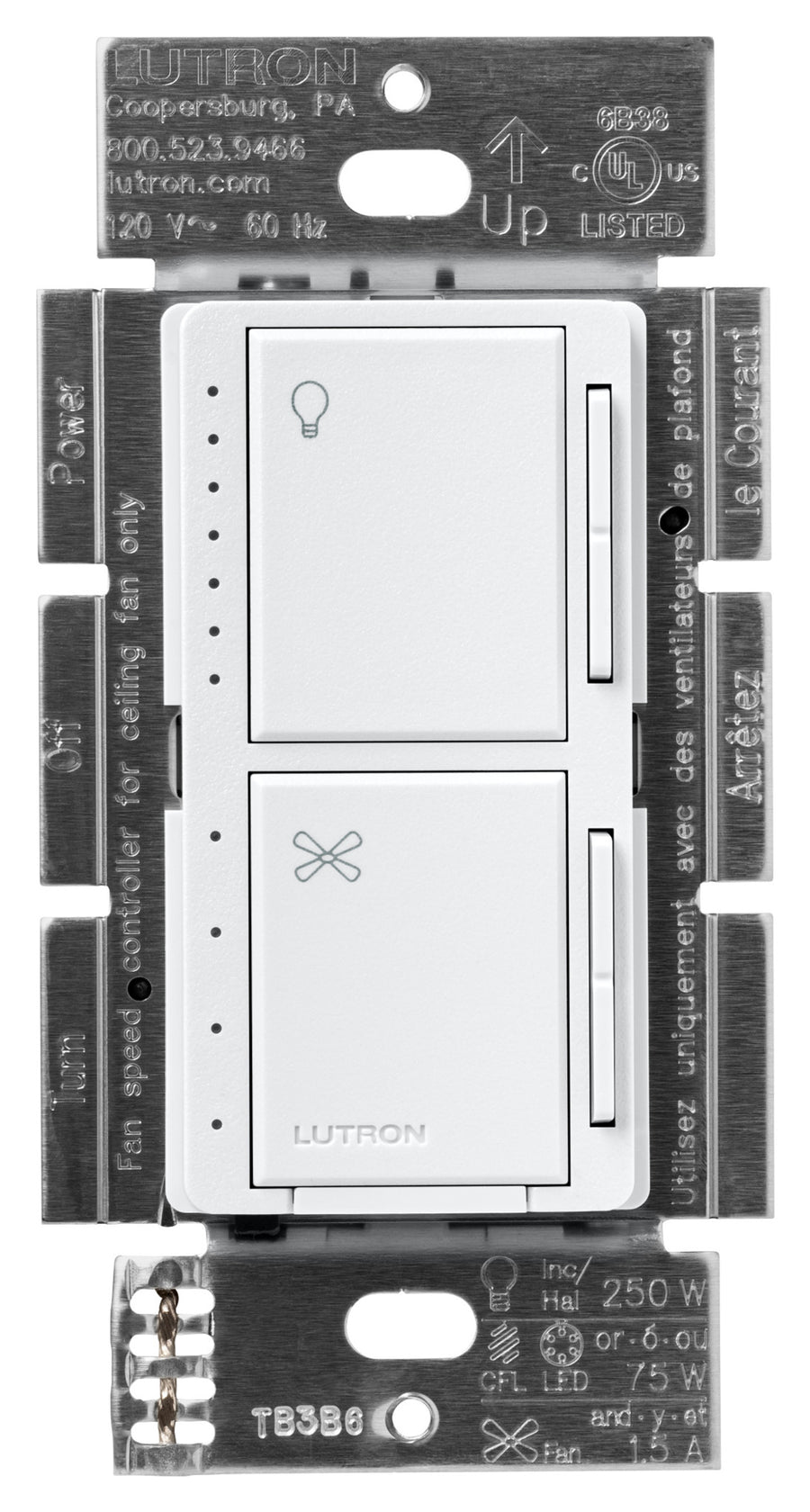 Lutron Maestro Dual LED+ Dimmer and 4-Speed Fan Control, No Neutral Required, 1.5A Fan, 75W LED Light, 120V, Single Pole, MACL-LFQ-PD, Palladium