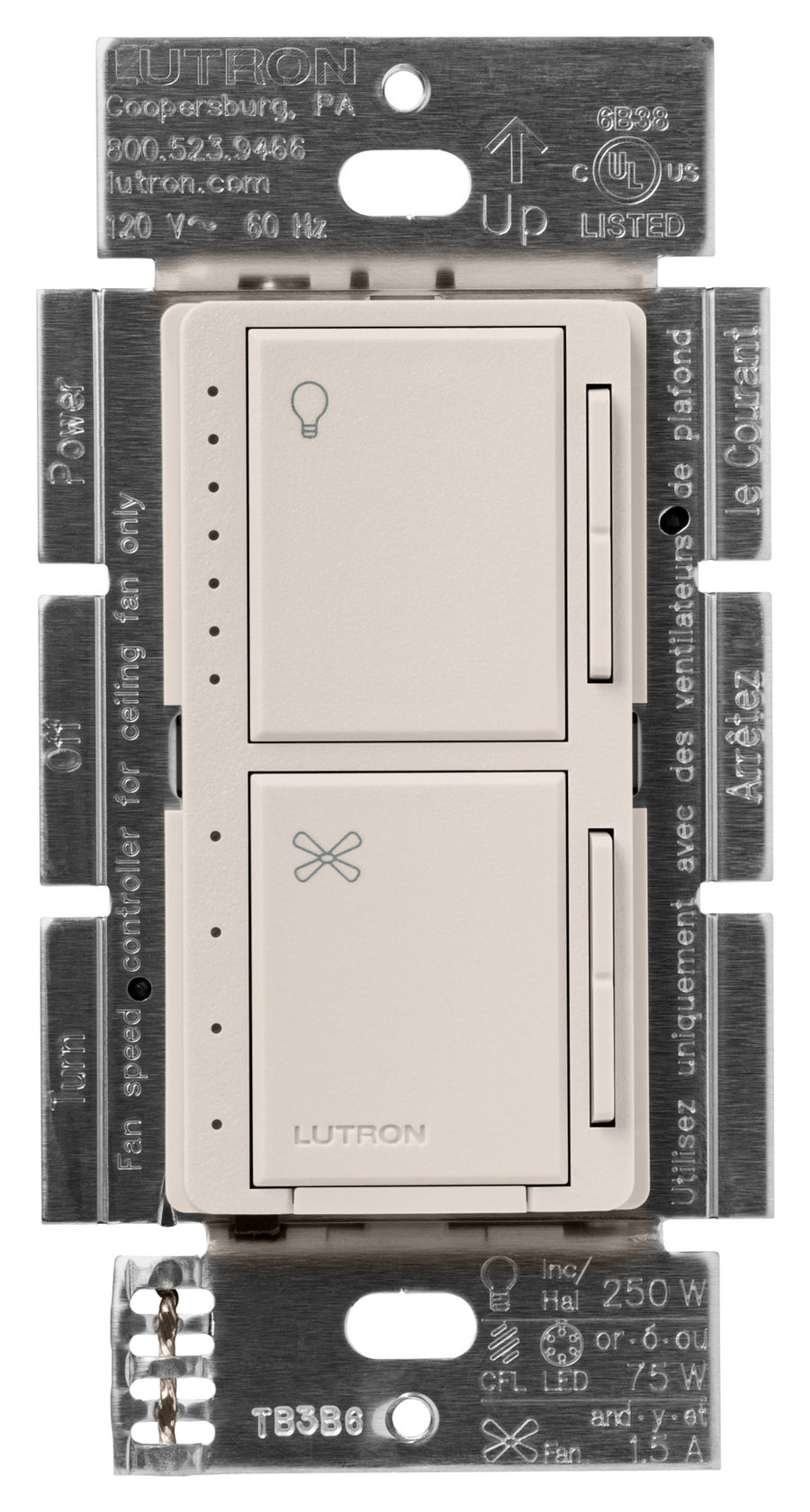 Lutron Maestro Dual LED+ Dimmer and 4-Speed Fan Control, No Neutral Required, 1.5A Fan, 75W LED Light, 120V, Single Pole, MACL-LFQ-TP, Taupe