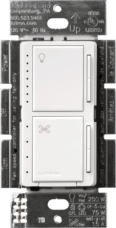 Lutron Maestro Dual LED+ Dimmer and 4-Speed Fan Control, No Neutral Required, 1.5A Fan, 75W LED Light, 120V, Single Pole, MACL-LFQ-WH, White