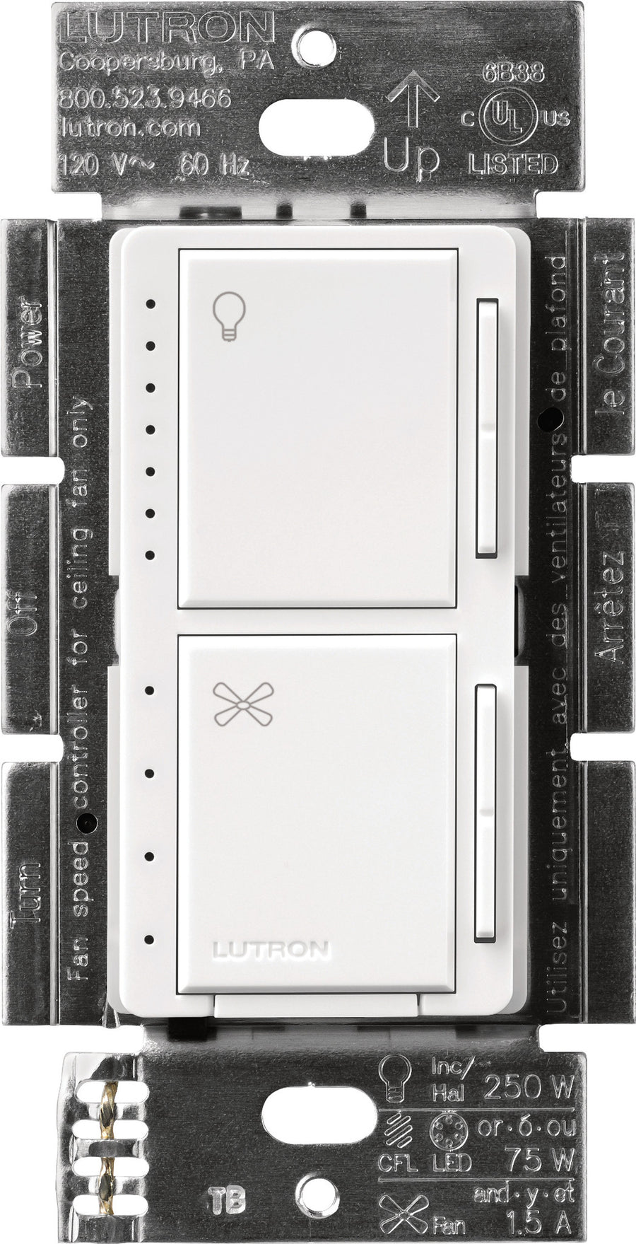 Lutron Maestro Dual LED+ Dimmer and 4-Speed Fan Control, No Neutral Required, 1.5A Fan, 75W LED Light, 120V, Single Pole, MACL-LFQ-WH, White