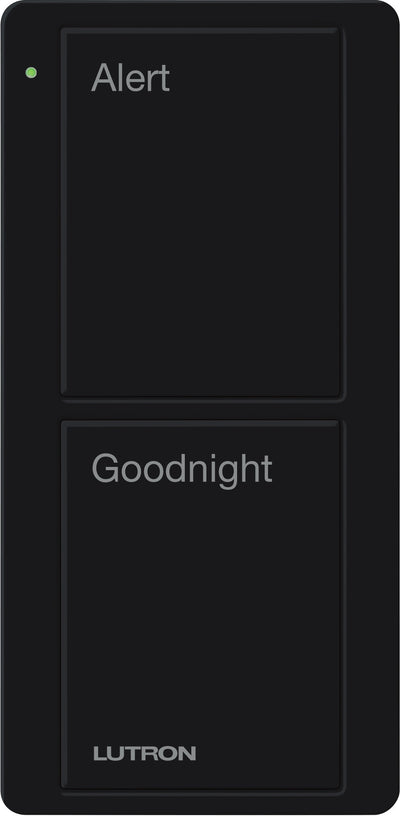Lutron 2-Button Scene Pico Smart Remote, with Pre-Engraved Text-"Alert/Goodnight", PJ2-2B-GBL-P02, Black