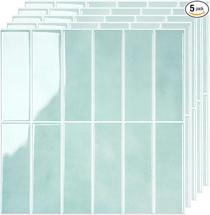 SELECT 5 Pack Peel and Stick Backsplash Tiles, 3D Wall Panels with Commercial-grade Adhesive, Extra Thick Water & Heat-resistant Stick-On Tile Backsplash for Kitchen, Bathroom, Laundry,12"x12” (Mint)