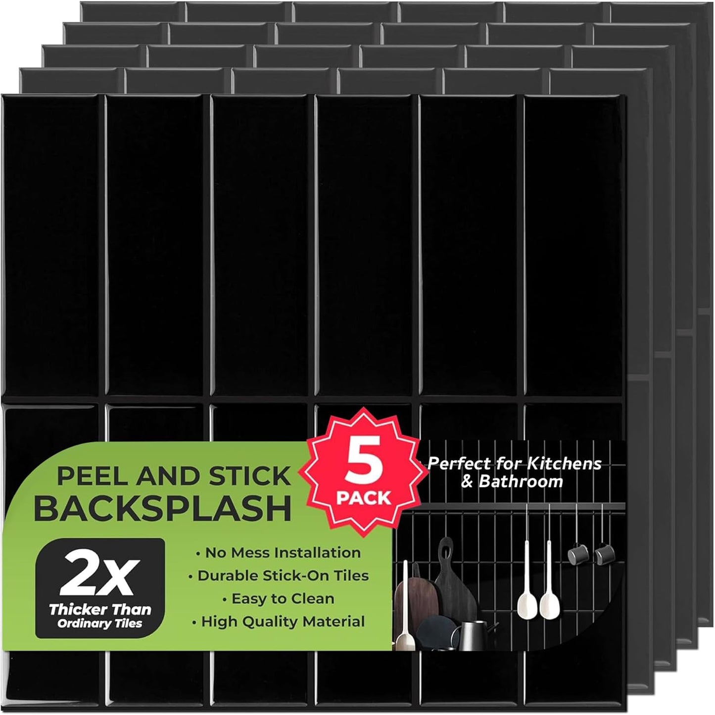 SELECT 5 Pack Peel and Stick Backsplash Tiles, 3D Wall Panels with Commercial-grade Adhesive, Extra Thick Water & Heat-resistant Stick-On Tile Backsplash for Kitchen, Bathroom, Laundry,12"x12” (Mint)