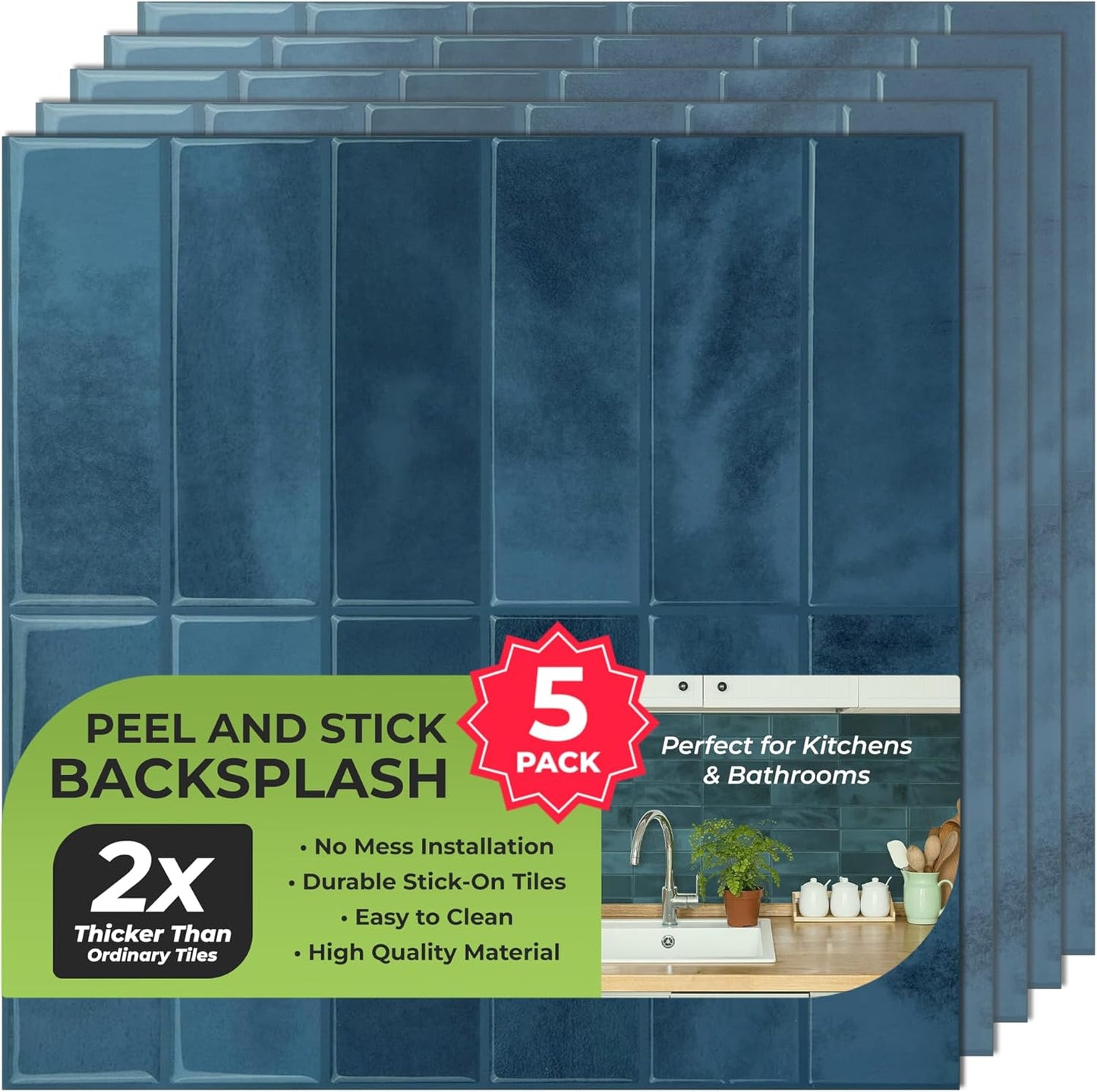 SELECT 5 Pack Peel and Stick Backsplash Tiles, 3D Wall Panels with Commercial-grade Adhesive, Extra Thick Water & Heat-resistant Stick-On Tile Backsplash for Kitchen, Bathroom, Laundry,12"x12” (Mint)