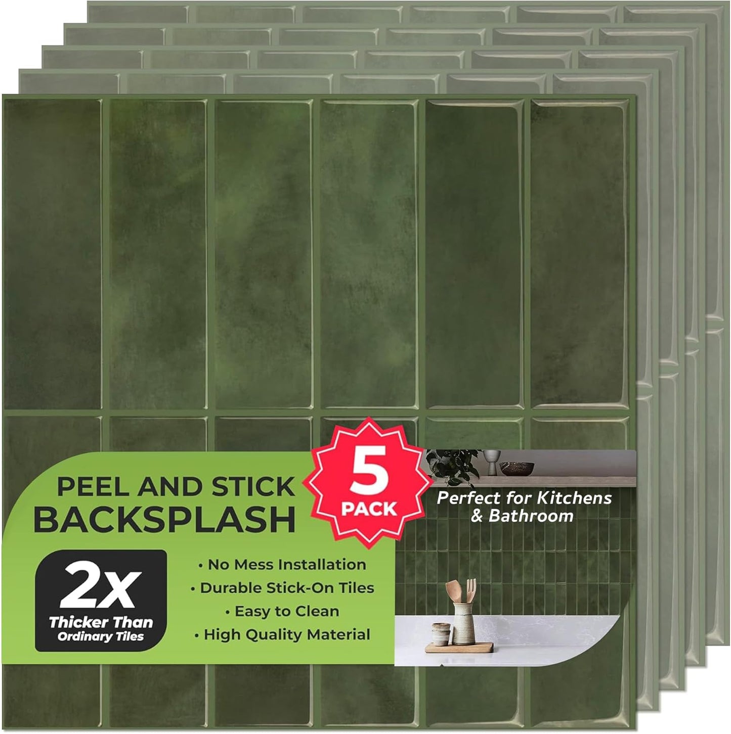 SELECT 5 Pack Peel and Stick Backsplash Tiles, 3D Wall Panels with Commercial-grade Adhesive, Extra Thick Water & Heat-resistant Stick-On Tile Backsplash for Kitchen, Bathroom, Laundry,12"x12” (Mint)