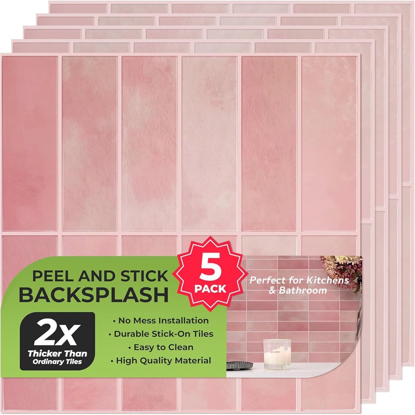 SELECT 5 Pack Peel and Stick Backsplash Tiles, 3D Wall Panels with Commercial-grade Adhesive, Extra Thick Water & Heat-resistant Stick-On Tile Backsplash for Kitchen, Bathroom, Laundry,12"x12” (Mint)