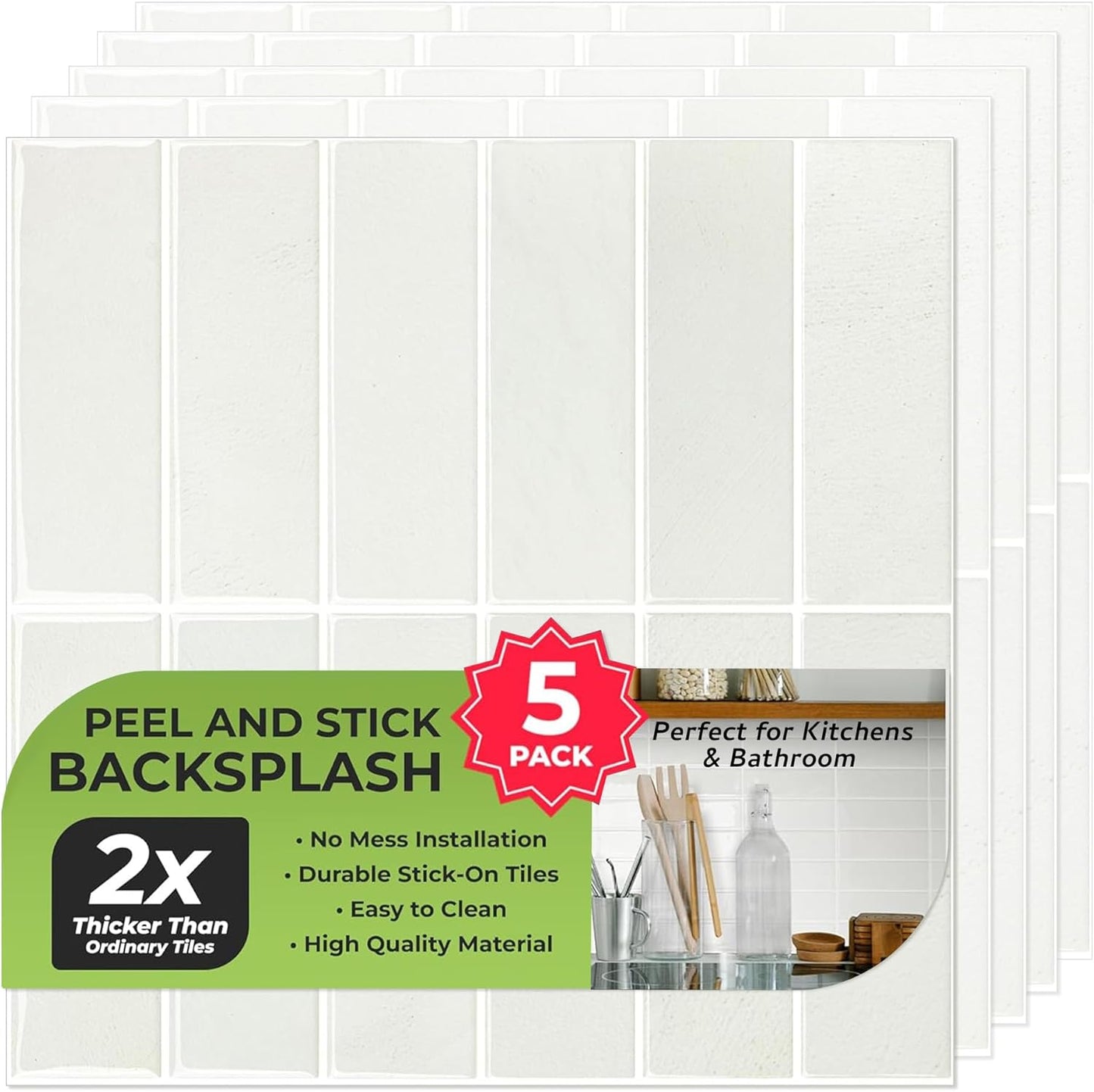 SELECT 5 Pack Peel and Stick Backsplash Tiles, 3D Wall Panels with Commercial-grade Adhesive, Extra Thick Water & Heat-resistant Stick-On Tile Backsplash for Kitchen, Bathroom, Laundry,12"x12” (Mint)