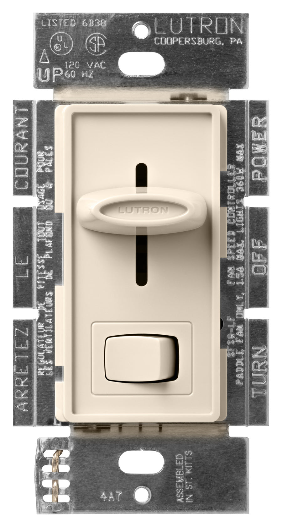 Lutron Skylark Quiet Fan/Light Control, Single-pole, 3-Speed, 120V, Light Almond, SFSQ-LFH-LA