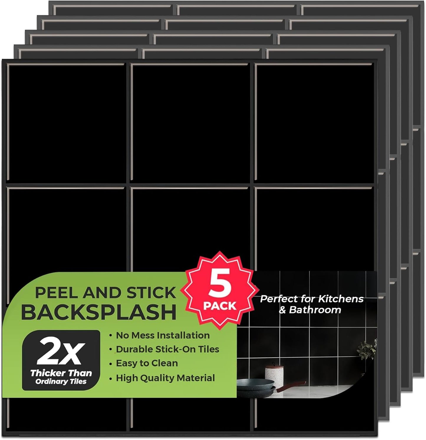 SELECT 5 Pack Peel and Stick Backsplash Tiles, 3D Wall Panels with Commercial-grade Adhesive, Extra Thick Water & Heat-resistant Stick-On Tile Backsplash for Kitchen, Bathroom, Laundry,12"x12” (Mint)