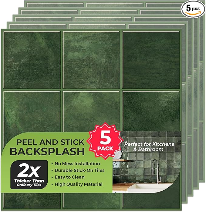SELECT 5 Pack Peel and Stick Backsplash Tiles, 3D Wall Panels with Commercial-grade Adhesive, Extra Thick Water & Heat-resistant Stick-On Tile Backsplash for Kitchen, Bathroom, Laundry,12"x12” (Mint)