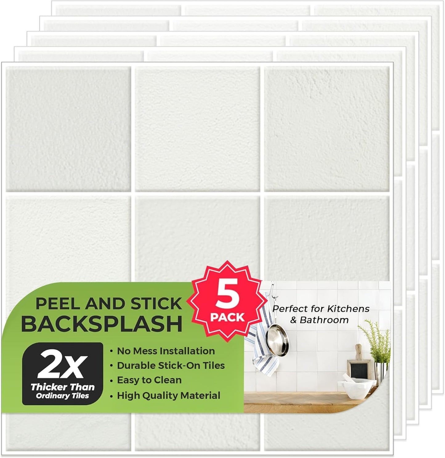 SELECT 5 Pack Peel and Stick Backsplash Tiles, 3D Wall Panels with Commercial-grade Adhesive, Extra Thick Water & Heat-resistant Stick-On Tile Backsplash for Kitchen, Bathroom, Laundry,12"x12” (Mint)