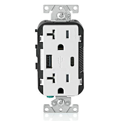Leviton Combination Duplex Receptacle/Outlet and USB Charger. 20 Amp, amper-Resistant Receptacles, T5833-W