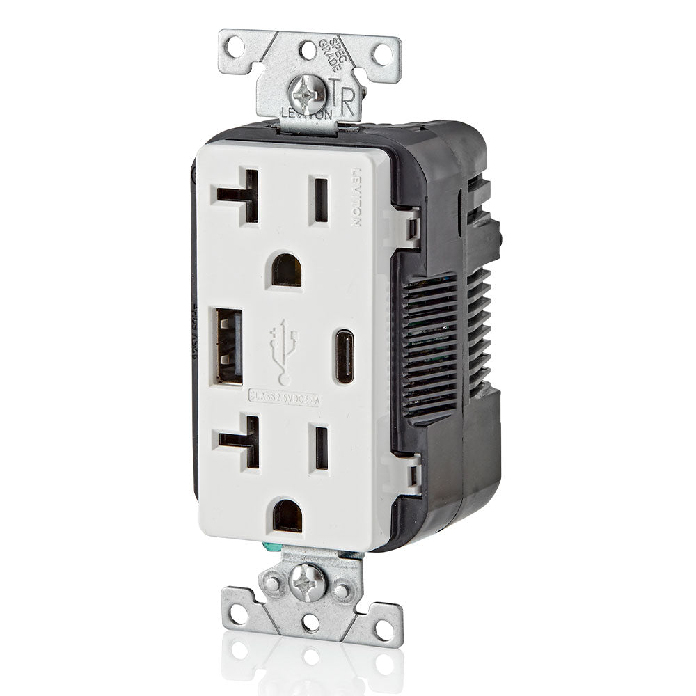 Leviton Combination Duplex Receptacle/Outlet and USB Charger. 20 Amp, amper-Resistant Receptacles, T5833-W