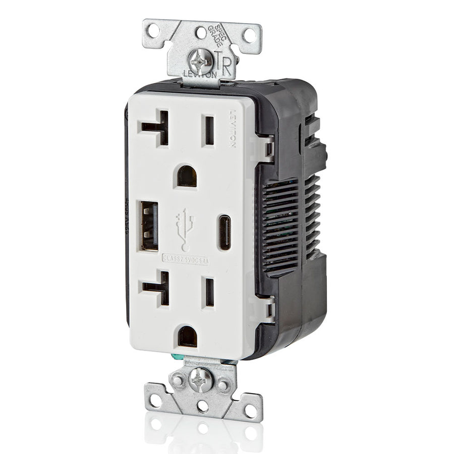 Leviton Combination Duplex Receptacle/Outlet and USB Charger. 20 Amp, amper-Resistant Receptacles, T5833-W