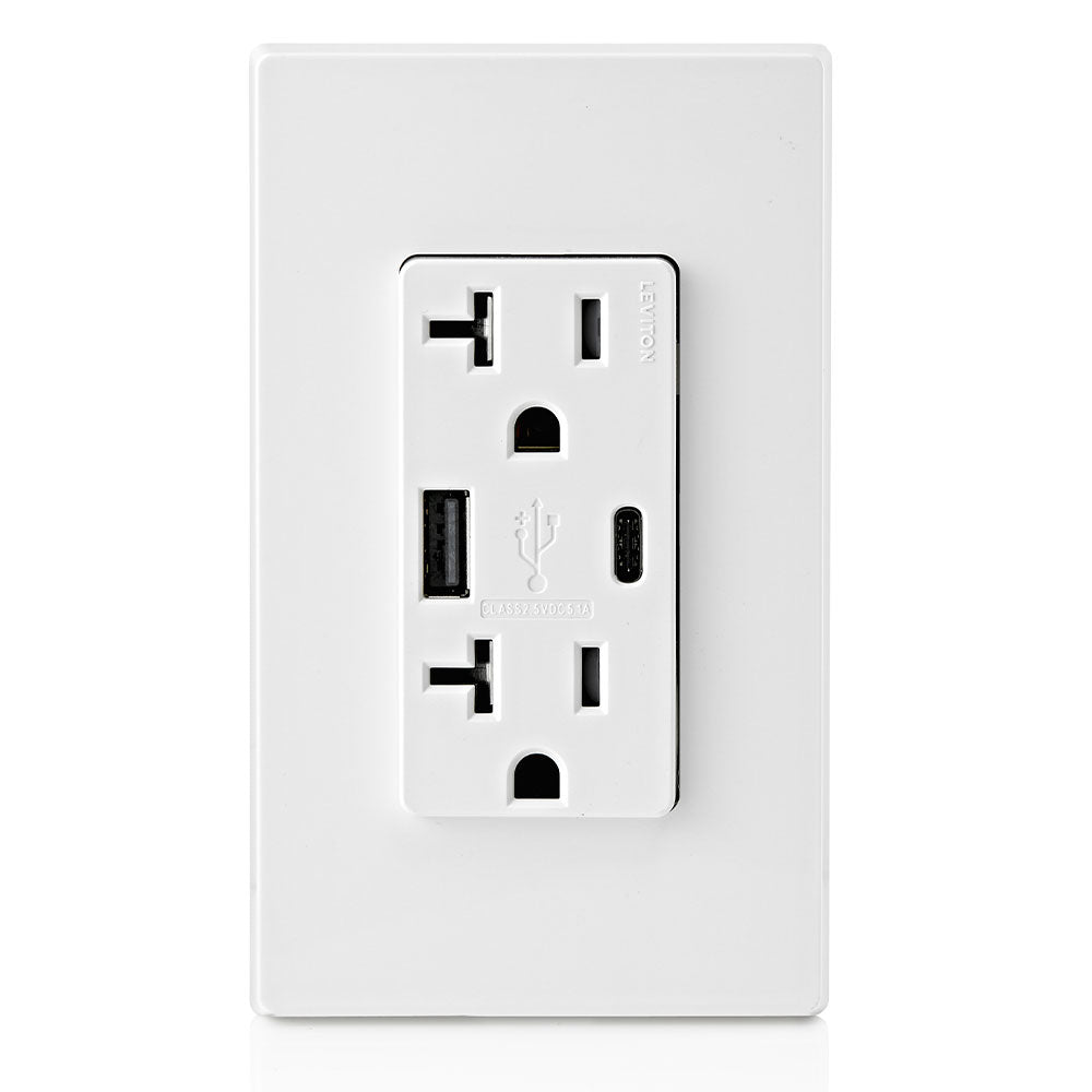 Leviton Combination Duplex Receptacle/Outlet and USB Charger. 20 Amp, amper-Resistant Receptacles, T5833-W