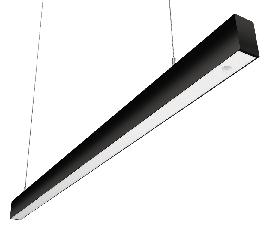 RAB Lighting BOA 4' Pendant Downlight, 40/28/24/20/10W, CCT Selectable, Flat Lens, PIR Motion Sensor, Battery Backup, Black, BOA4PB/PIR/E