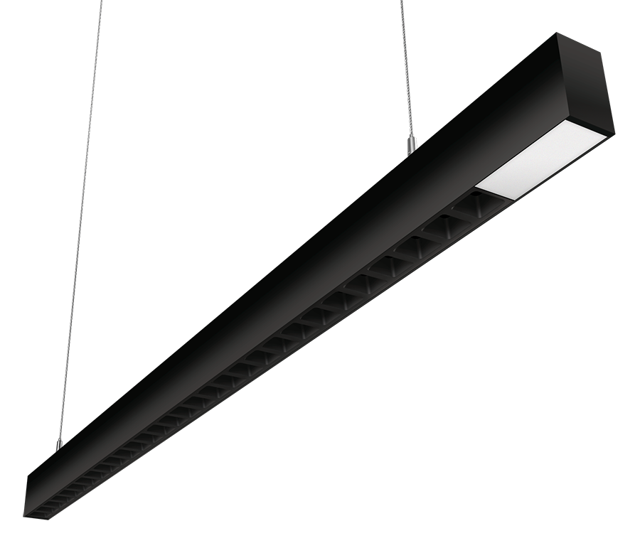 RAB Lighting BOA 4' Pendant Downlight, 40/28/24/20/10W, CCT Selectable, Louver Lens, Multivolt Sensor, Black, BOA4PLB/MVS