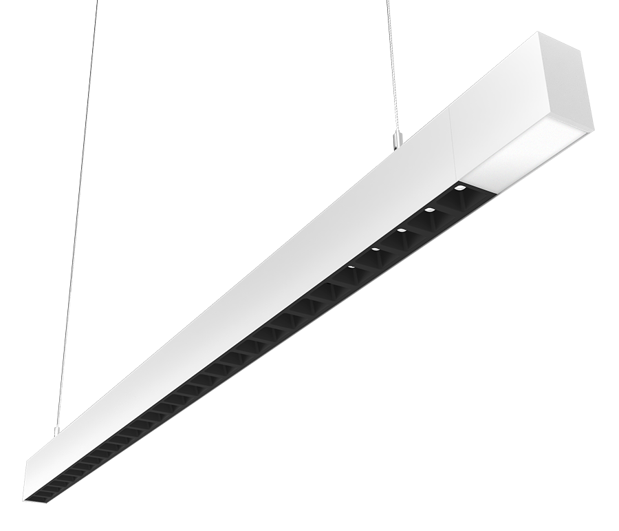 RAB Lighting BOA 4' Downlight Pendant, 40/28/24/20/10W, CCT Selectable, MVS, Field-Adjustable, Louver Lens, White, BOA4PLW/MVS